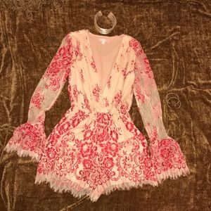 XS Tan/ Red Lace L/S Romper Bell sleeves